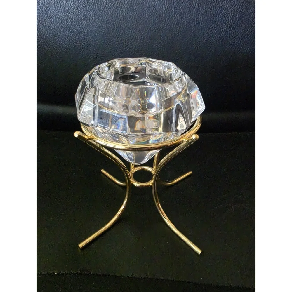 Vintage Diamond Shaped Heavy Cut Class Candle Tea Light Holder with Gold Stand